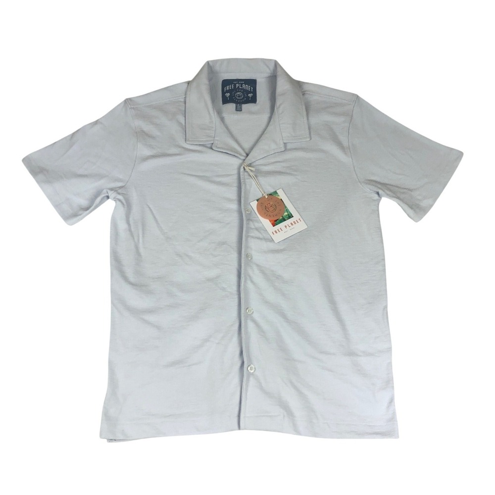 Free Planet Mens Coastal Pale Blue Short Sleeve Camp Collar Button Down Shirt